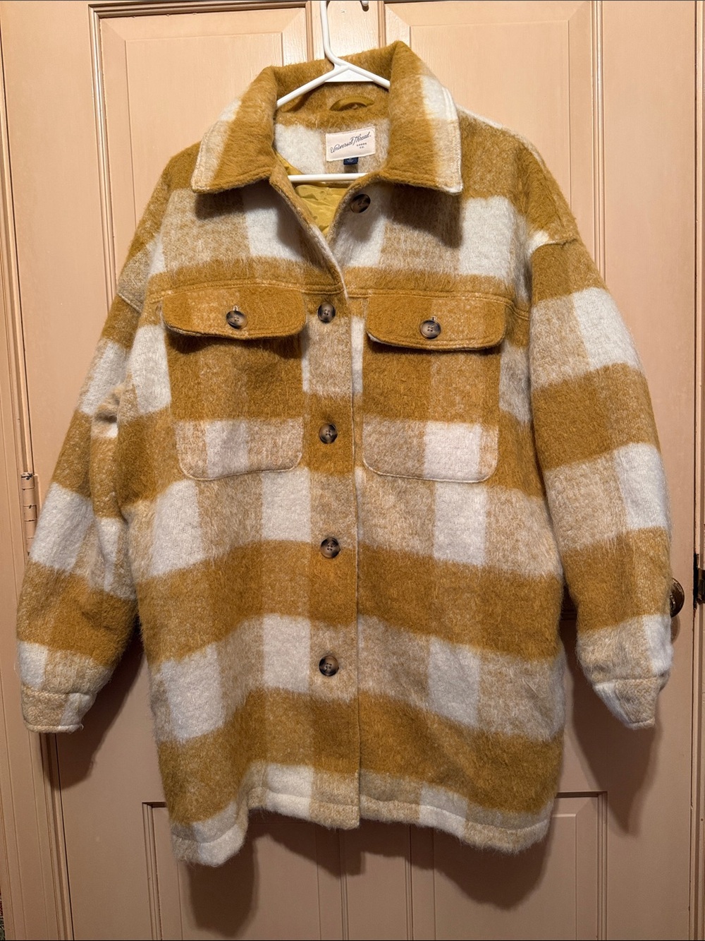 Universal Thread Kids Plaid Pea Coat in Mustard & Cream